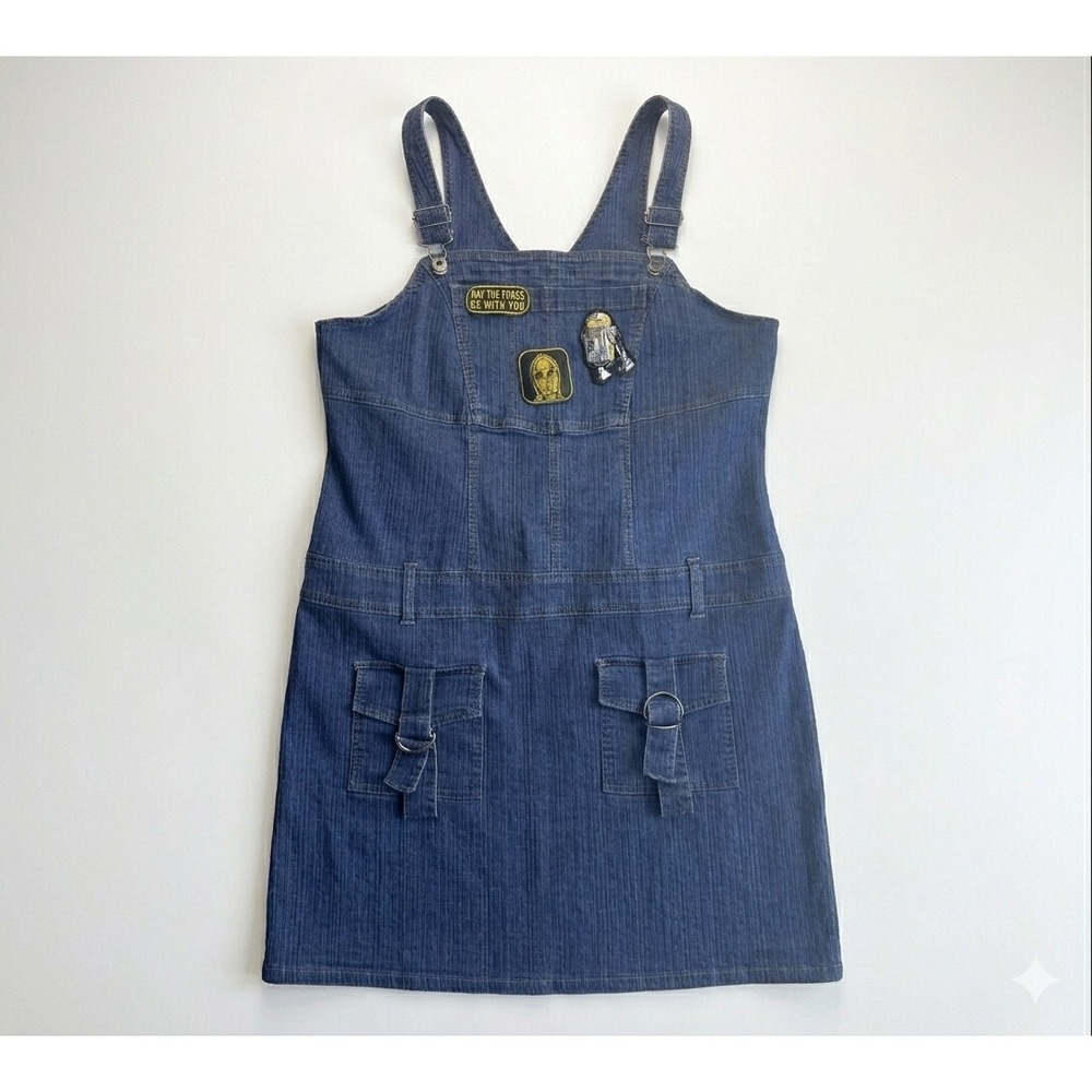 Starwear Vtg Blue Denim Overall Skirt Denim Dress w Star Wars Patches Midi‎